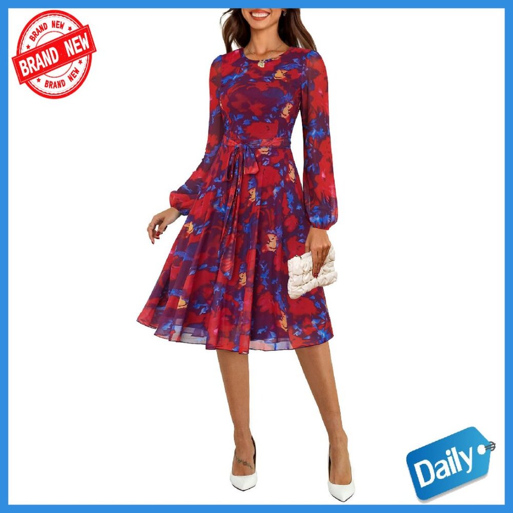 Mesh Long Sleeve Floral Midi Dress A-Line Cocktail Wedding Guest